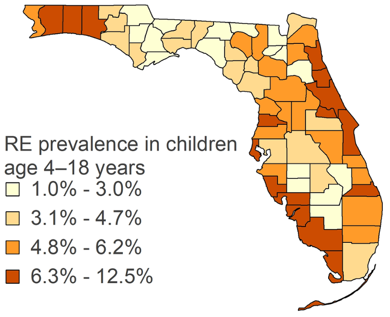 A map showing the proportion of children ages 4–18 years with religious exemptions by county as of March 31, 2024. Counties with a proportion of 1.0%–3.0% are: Gadsden Hardee Liberty Hendry Jackson Calhoun Hamilton Taylor DeSoto Bradford Glades Franklin Baker Putnam Okeechobee Madison Union Counties with a proportion of 3.1%–4.7% are: Wakulla Dixie Lafayette Gilchrist Levy Leon Washington Miami_Dade Gulf Jefferson Holmes Hillsborough Polk Highlands Bay Nassau Orange Counties with a proportion of 4.8%–6.2% are: Sumter Clay Lake Escambia Suwannee Duval Indian_River Alachua St_Lucie Columbia Marion Palm_Beach Broward Citrus Manatee Pasco Osceola Counties with a proportion of 6.3%–12.5% are: Seminole Volusia Lee Brevard Santa_Rosa Hernando Pinellas Collier Charlotte Martin Monroe Okaloosa St_Johns Flagler Walton Sarasota