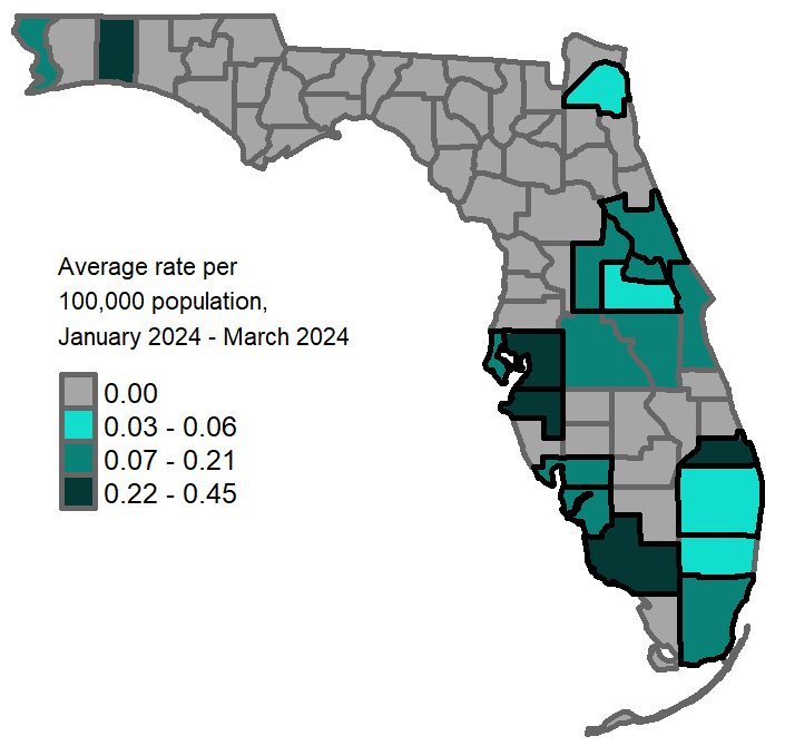 A map showing the previous 3-month average pertussis rates per 100,000 population. Counties with one or more cases reported in March  are  Brevard Broward Collier Miami-Dade Hillsborough Manatee Okaloosa Osceola Pinellas Polk  Counties with a rate of 0.03-0.05 per 100,000 population are: Broward Pinellas Counties with a rate of 0.06-0.17 per 100,000 population are:  Miami-Dade Polk Escambia Brevard Osceola Manatee Counties with a rate of 0.18-0.45 per 100,000 population are: Hillsborough Collier Okaloosa