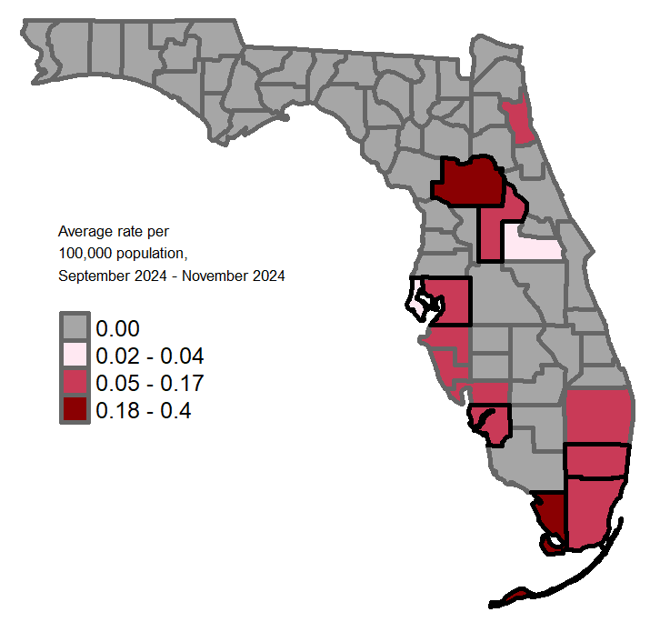 A map showing the previous 3-month average hepatitis A rates per 100,000 population. Counties with one or more cases reported in November are: Broward Miami-Dade Hillsborough Lake Lee Marion Monroe Pinellas  Counties with a rate of 0.02-0.04 per 100,000 population are: Orange  Counties with a rate of 0.05-0.17 per 100,000 population are:   Pinellas Palm Beach Sarasota Lake Lee Hillsborough Broward St. Johns Miami-Dade Manatee Charlotte  Counties with a rate of 0.18-0.4 per 100,000 population are: Marion Monroe