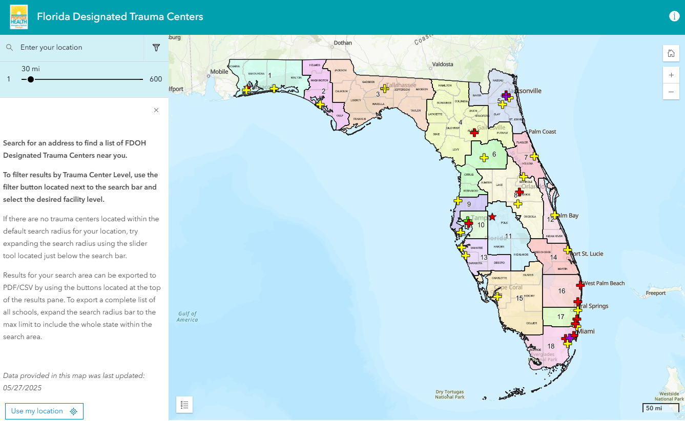 Picture of Florida Designated Trauma Centers Map