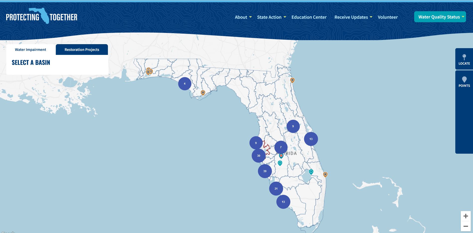 Protecting Florida Together website screenshot including a map of Florida with several examples of typical bloom areas including "select a basin" text and "protecting (Florida) together" text