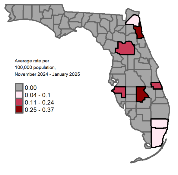 A map showing the previous 3-month average hepatitis A rates per 100,000 population. Counties with one or more cases reported in January are:  Broward Miami-Dade Duval Highlands Indian River Manatee Marion St. Johns  Counties with a rate of 0.04-0.1 per 100,000 population are:    Duval Broward Miami-Dade  Counties with a rate of 0.11-0.24 per 100,000 population are:   Marion Manatee Indian River  Counties with a rate of 0.25-0.37 per 100,000 population are: St. Johns Highlands