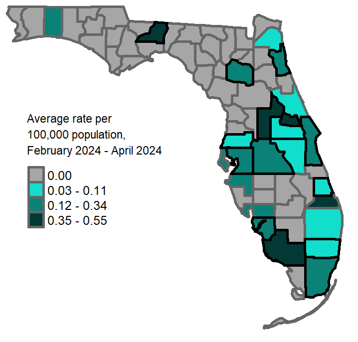 A map showing the previous 3-month average pertussis rates per 100,000 population. Counties with one or more cases reported in May are:  Brevard Broward Miami-Dade Duval Hernando Hillsborough Lee Marion Nassau Orange Palm Beach Pasco Pinellas St. Lucie Santa Rosa Seminole Walton  Counties with a rate of 0.06-0.2 per 100,000 population are:  Volusia Broward Polk Marion Duval Orange Alachua Palm Beach Pinellas Manatee Pasco Santa Rosa Charlotte St. Lucie  Counties with a rate of 0.21-0.78 per 100,000 population are: Miami-Dade Hillsborough Brevard St. Johns Lee Hernando Collier Martin Lake Seminole Leon  Counties with a rate of 0.79-1.33 per 100,000 population are:  Walton Nassau.