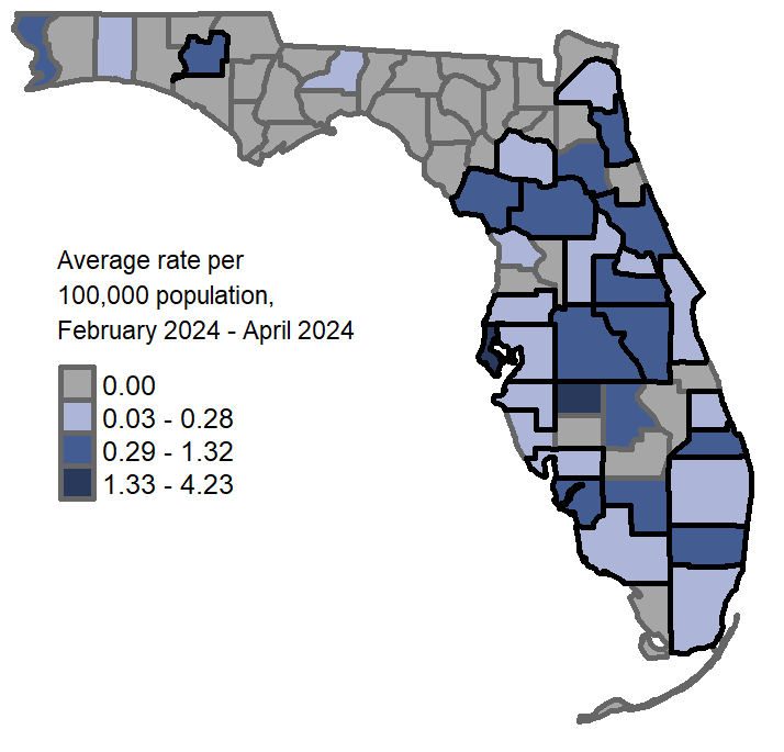 A map showing the previous 3-month average varicella rates per 100,000 population. Counties with one or more cases reported in May are: Broward Citrus Collier Miami-Dade Escambia Hillsborough Jackson Lake Lee Marion Martin Orange Osceola Palm Beach Pasco Pinellas Polk Volusia  Counties with a rate of 0.03-0.31 per 100,000 population are:    Duval Sarasota Manatee St. Lucie Escambia Leon Alachua Seminole Brevard Collier Charlotte Hillsborough Citrus Miami-Dade Pasco Lake Palm Beach  Counties with a rate of 0.32-1.3 per 100,000 population are: St. Johns Marion Polk Orange Lee Putnam Volusia Osceola Broward Martin Jackson Levy Hendry  Counties with a rate of 1.31-4.64 per 100,000 population are: Washington, Pinellas